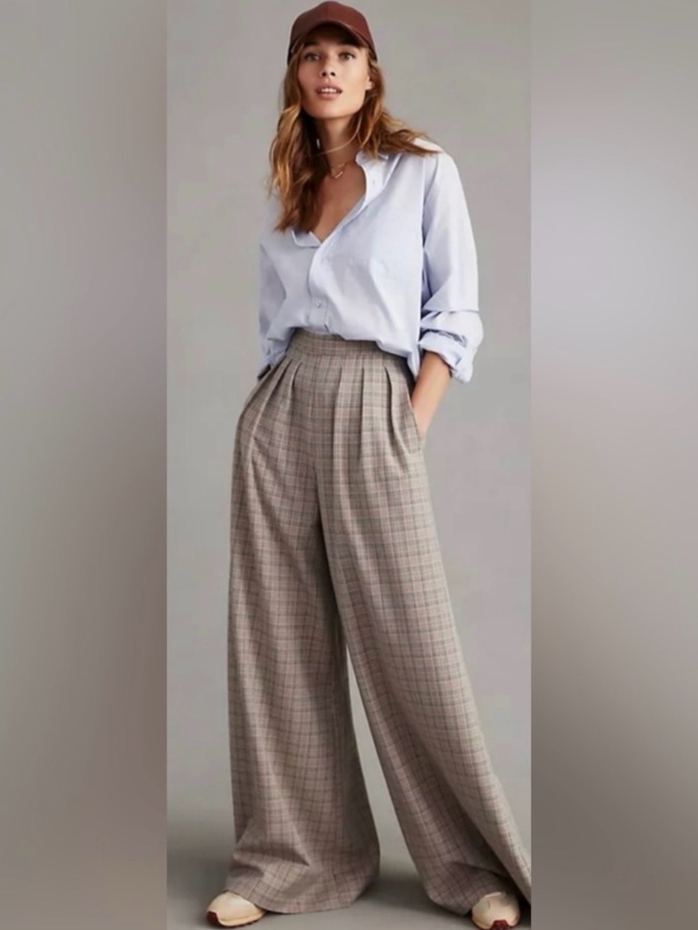 Corey Lynn Calter Plaid Wide-Leg Trousers in Taupe and Gray